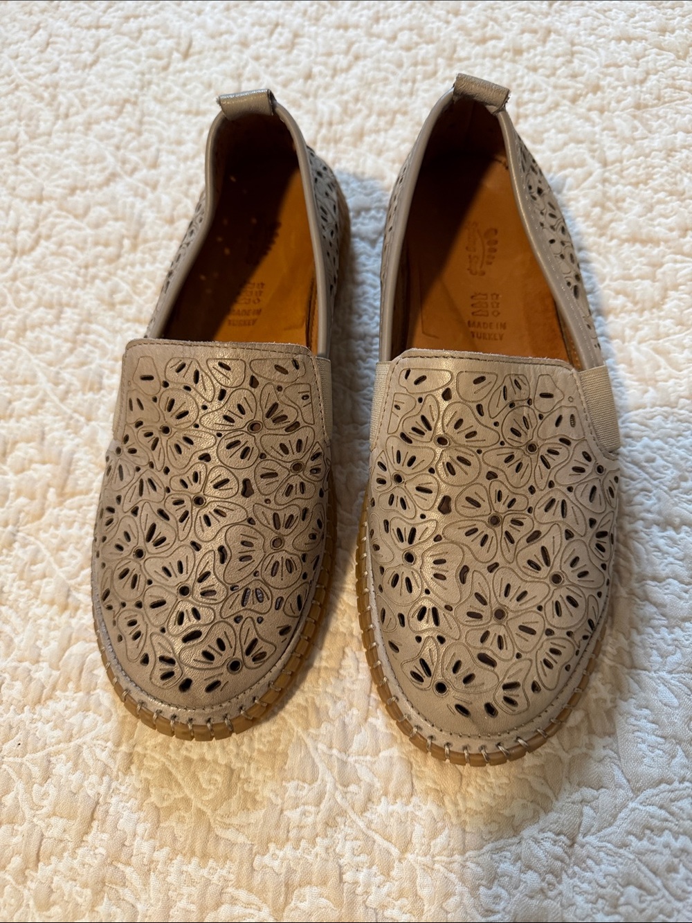 Spring Step Floral Laser-Cut Slip-On Leather Loafers, light olive green, size 39
